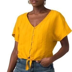 Prana Summer Fun Top Golden Mustard Crop Button Front Athleisure Travel Small